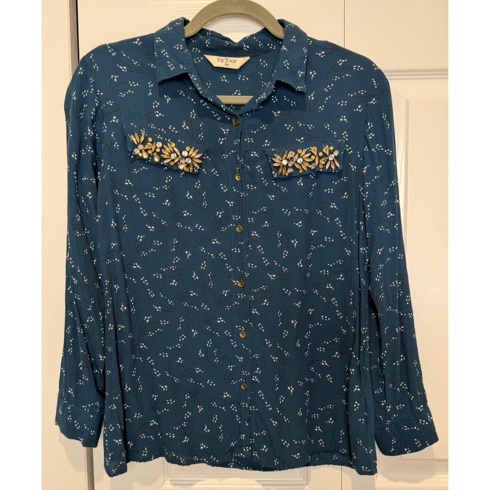 De'four Womens Semi Sheer Button Up Rhinestone Top Size 10‎ Glam Old Money Luxe